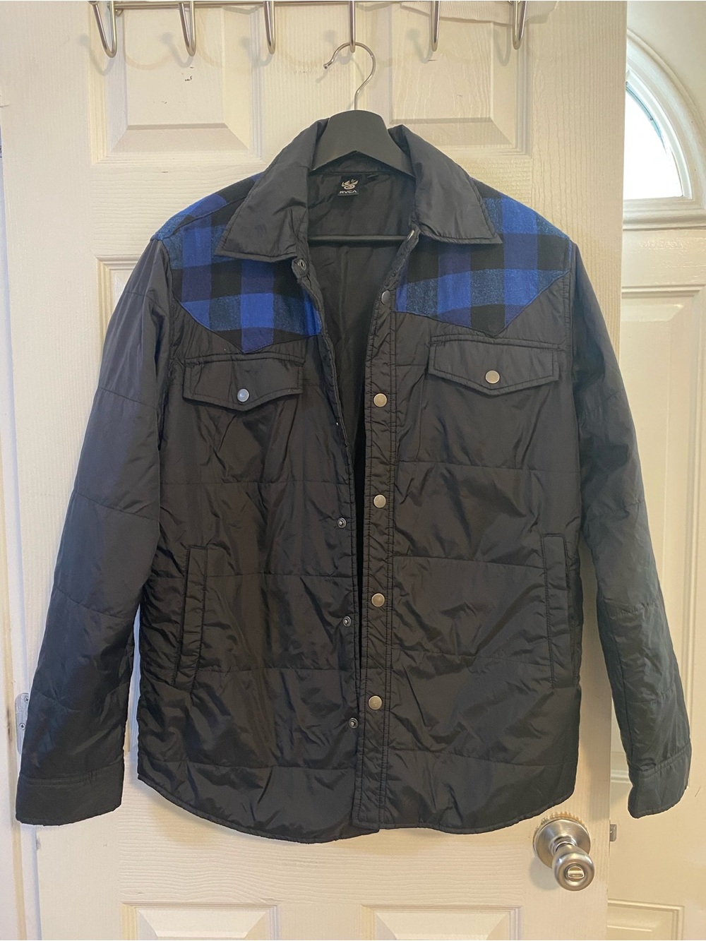 RVCA Black Quilted Puffer Jacket with Blue Plaid Yoke
